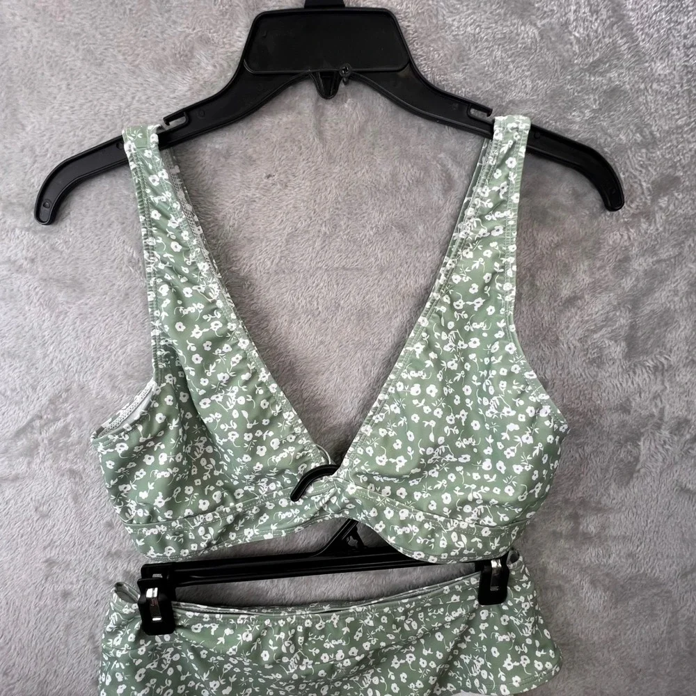 Sage Green Floral Ditsy High‎ Waisted Bikini Set V-Neck Twist Front Two-Piece
